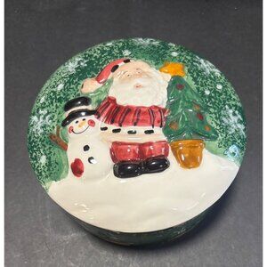 Vintage Hand Painted Ceramic Christmas Trinket Dish With Snowman Lid Festive